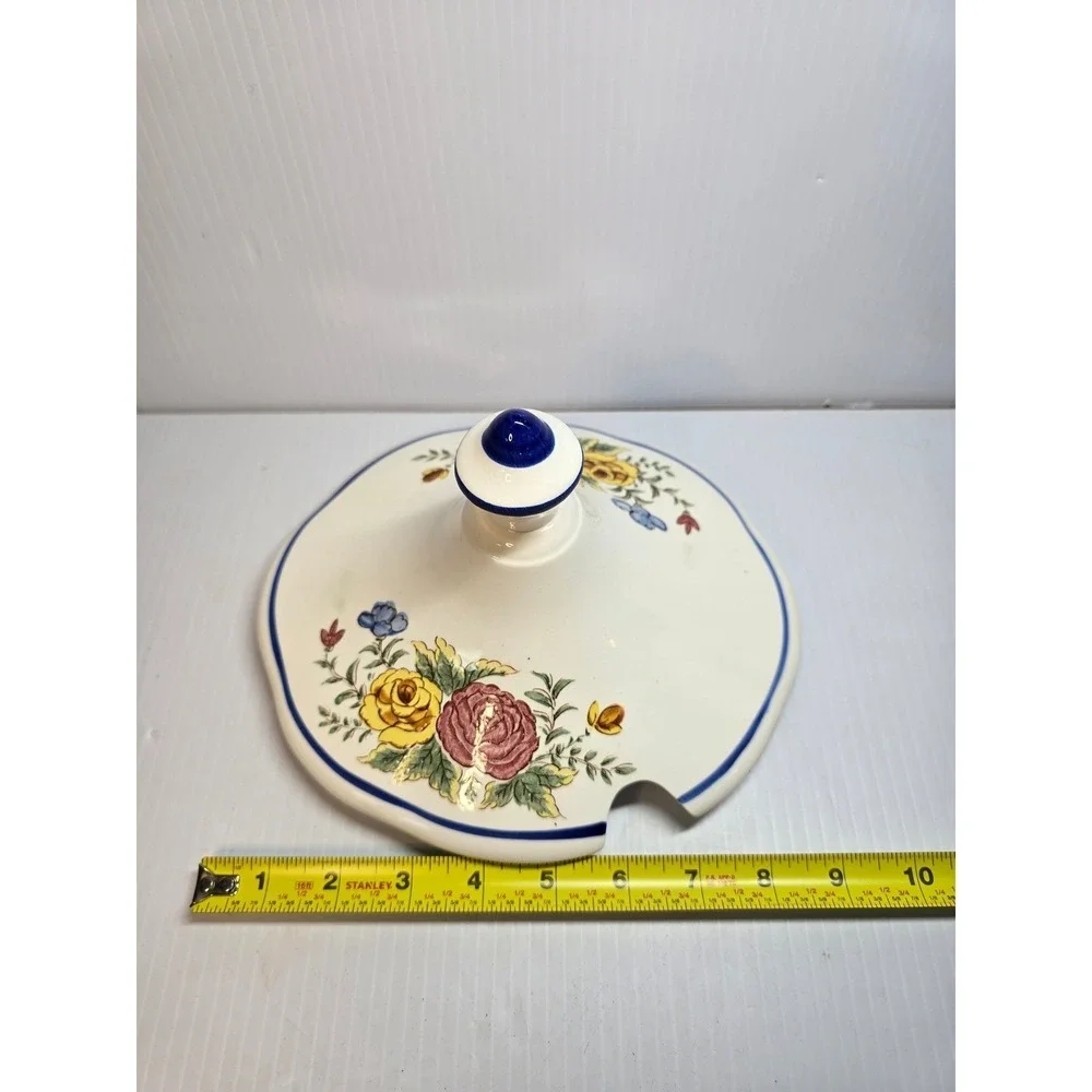 Vintage Ceramic Soup Tureen with Ladle‎ and Underplate Floral Design Blue Trim